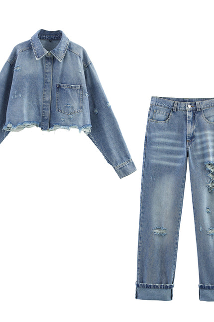 Turn Down Collar Long Sleeve Denim Blue Color Single Breasted Casual Fashion Jeans Jacket for Women