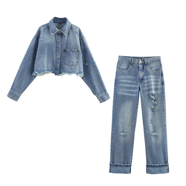 Turn Down Collar Long Sleeve Denim Blue Color Single Breasted Casual Fashion Jeans Jacket for Women