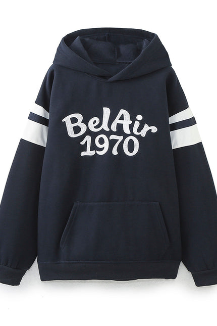 Letter Embroidery Navy Color Long Sleeve Casual Fashion Sweatshirt Hoodie for Women
