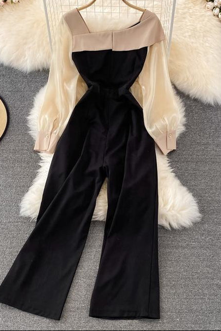 Fashion Long Sleeve Ruffle Women Spring Autumn High Waist Straight Wide Leg Jumpsuit