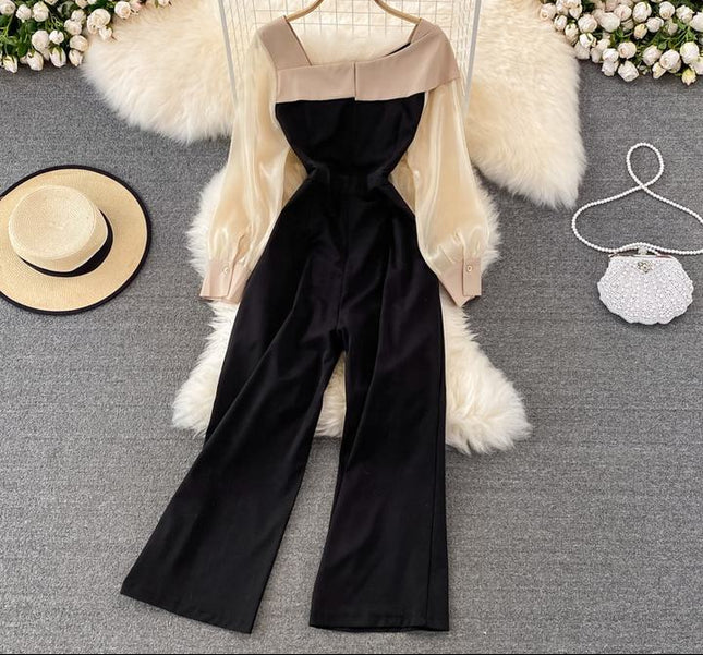 Fashion Long Sleeve Ruffle Women Spring Autumn High Waist Straight Wide Leg Jumpsuit