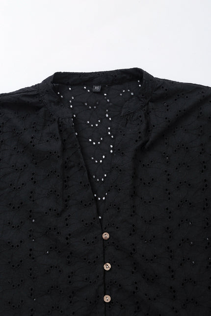 V Neck Buttons up Black Color Embroidery Short Sleeve Eyelet Casual Fashion Tops Blouse for Women