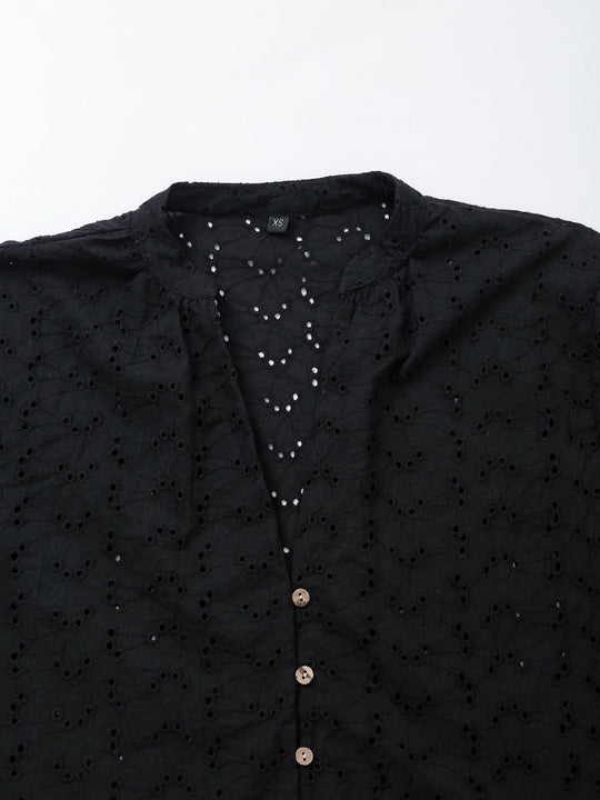 V Neck Buttons up Black Color Embroidery Short Sleeve Eyelet Casual Fashion Tops Blouse for Women