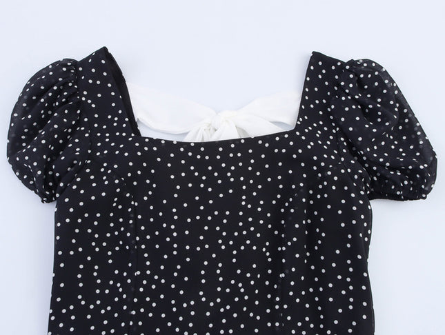 Square Collar Back Bow Tie Black Color Polka Dot Print Casual Fashion Summer Long Dress for Women