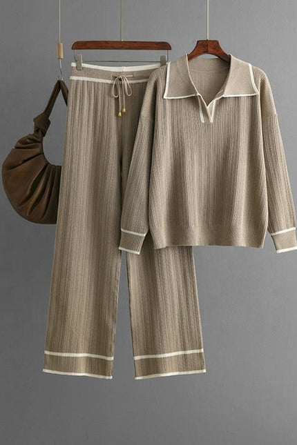 Women Two Piece Set Fashion Casual Loose Suit Polo Neck Tops+high Waist Pant Set