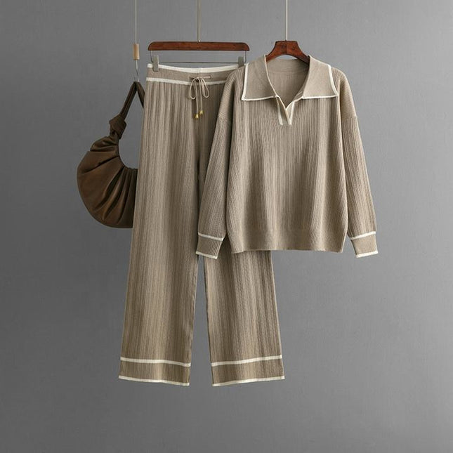 Women Two Piece Set Fashion Casual Loose Suit Polo Neck Tops+high Waist Pant Set