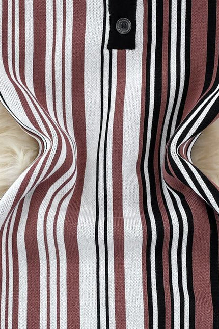 Summer New Retro Polo Collar Slim Striped Tight Knit Short Sleeve Dresses