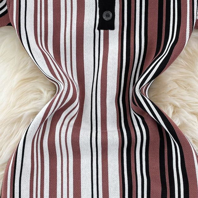 Summer New Retro Polo Collar Slim Striped Tight Knit Short Sleeve Dresses