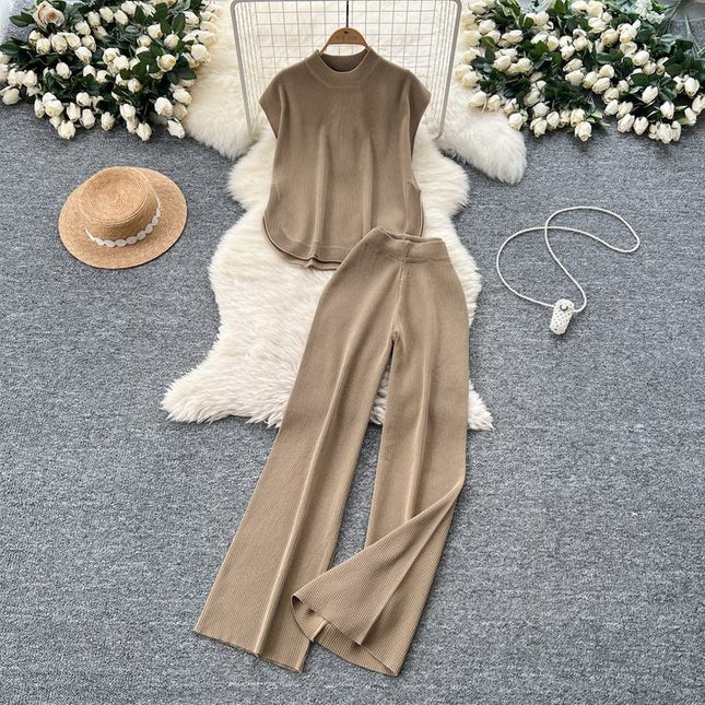 Two-piece Knitted Suit for Women Loose-fitting Round-neck Sleeveless Top Slit High-waisted Wide-leg Trousers