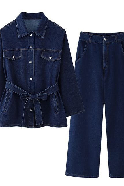 Denim Blue Color Sashes Long Sleeve Turn Down Collar Casual Fashion Jeans Jacket for Women