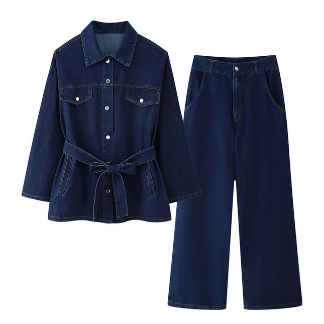 Denim Blue Color Sashes Long Sleeve Turn Down Collar Casual Fashion Jeans Jacket for Women