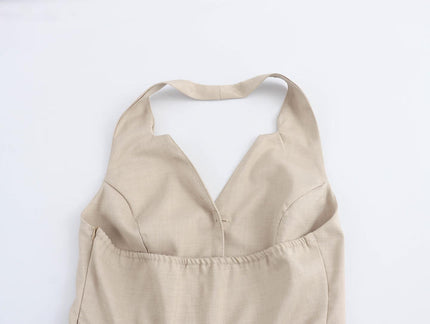 Back Hollow Out Solid Color Buttons up Sleeveless Casual Fashion Midi Pleated Dress for Women