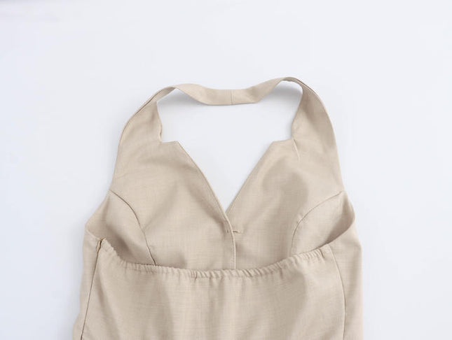 Back Hollow Out Solid Color Buttons up Sleeveless Casual Fashion Midi Pleated Dress for Women