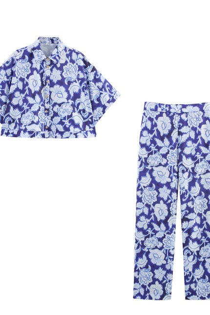 Floral Print Blue Color Buttons up Short Sleeve Casual Fashion Tops Blouse for Women