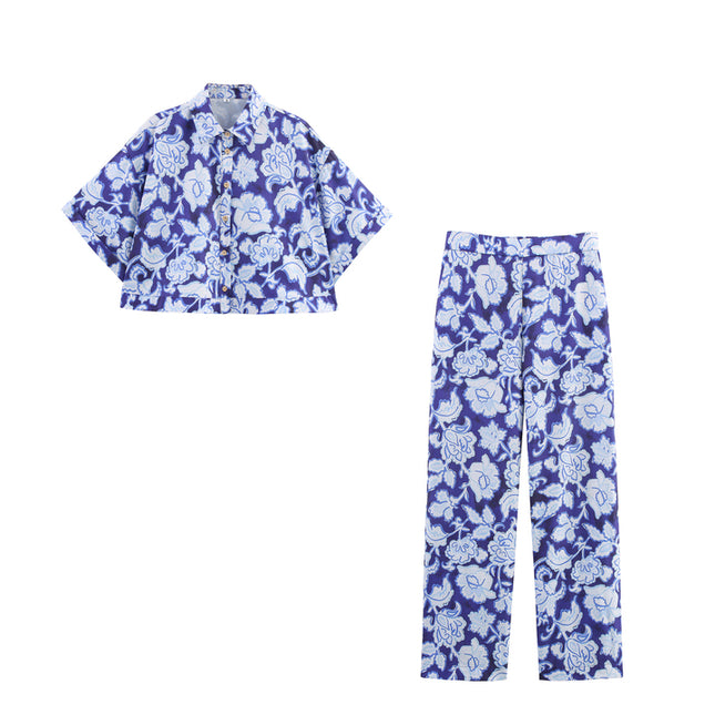 Floral Print Blue Color Buttons up Short Sleeve Casual Fashion Tops Blouse for Women