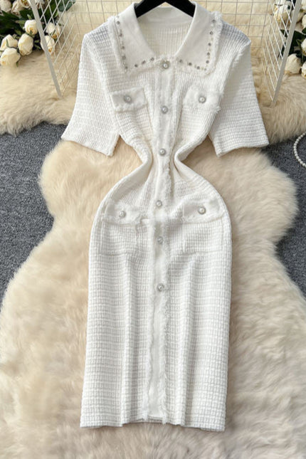 Boutique Sexy V-neck Knitted Dress Summer Dress Women's Casual Elegant Short Sleeved Button Knitted Dress