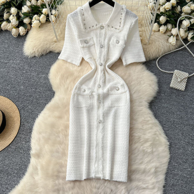 Boutique Sexy V-neck Knitted Dress Summer Dress Women's Casual Elegant Short Sleeved Button Knitted Dress