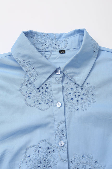 Turn Down Collar Embroidery Blue Color Casual Fashion Tops Blouse for Women