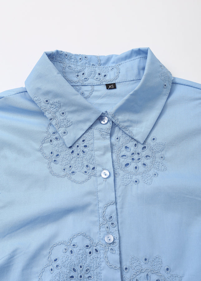 Turn Down Collar Embroidery Blue Color Casual Fashion Tops Blouse for Women