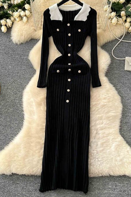 Vintage Collision Lapel Long Sleeve Slim Tight Vertical Knit Dress