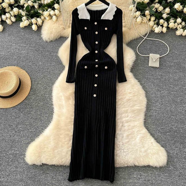 Vintage Collision Lapel Long Sleeve Slim Tight Vertical Knit Dress