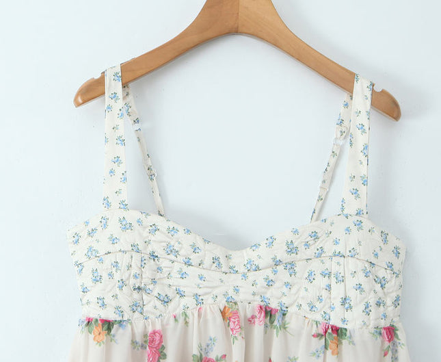 Patchwork Design Multi Color Floral Print Shoulder Strap Hot Sale Casual Fashion Mini slip Dress for Ladies