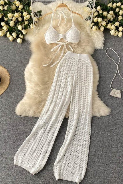 Women Summer Sexy Two Piece Suit Halter Sleeveless Knitting Tops High Waist Wide Leg Pants Set