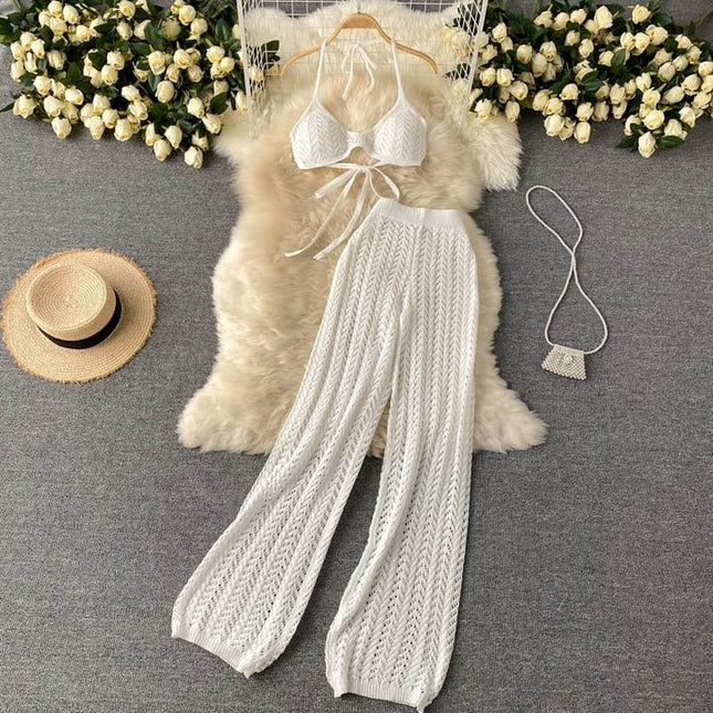 Women Summer Sexy Two Piece Suit Halter Sleeveless Knitting Tops High Waist Wide Leg Pants Set