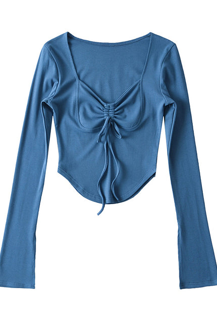 6 Colorway square Collar Front Lace up Long Sleeve Solid Color Casual Women t Shirt