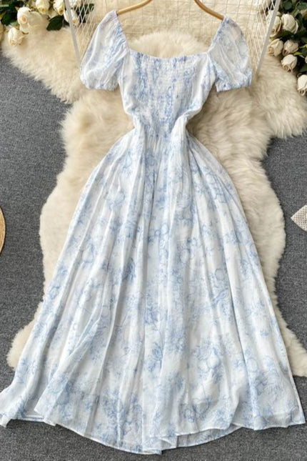 French Summer New Square Neck Waisted Short Sleeve Casual Floral Dresses
