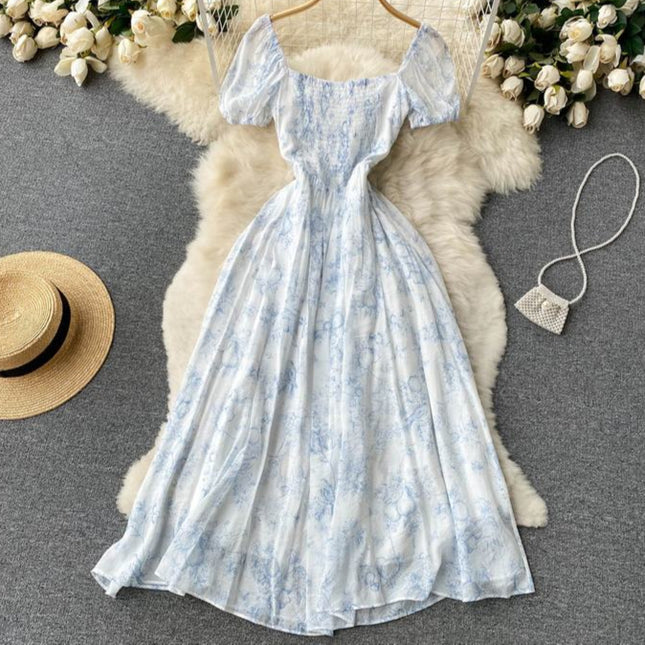 French Summer New Square Neck Waisted Short Sleeve Casual Floral Dresses
