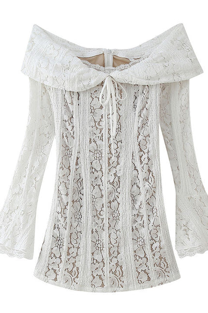 Slash Neck Long Sleeve Floral Lace White Color Casual Fashion Mini Dress for Women