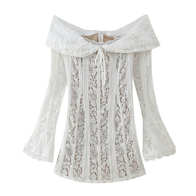Slash Neck Long Sleeve Floral Lace White Color Casual Fashion Mini Dress for Women