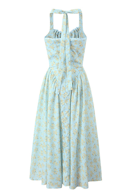 Floral Print Blue Color Sleeveless Hot Sale Casual Fashion Ladies Cotton Long Halter Dress