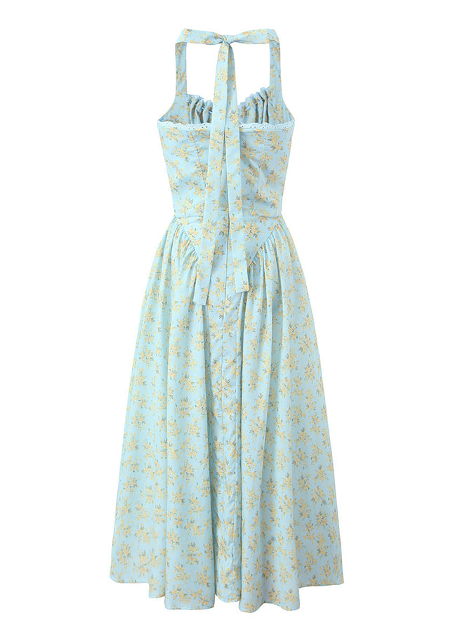 Floral Print Blue Color Sleeveless Hot Sale Casual Fashion Ladies Cotton Long Halter Dress