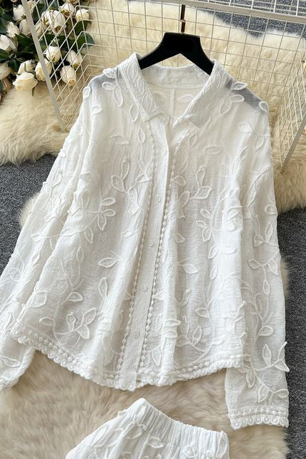 Women's Fashion Wrinkle Large Size Long Sleeve Shirt High Waist Wide Leg Trouser Set