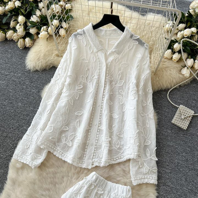 Women's Fashion Wrinkle Large Size Long Sleeve Shirt High Waist Wide Leg Trouser Set