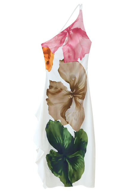 Floral Print White Color Asymmetrical Design Casual Fashion Summer Long Dress for Women