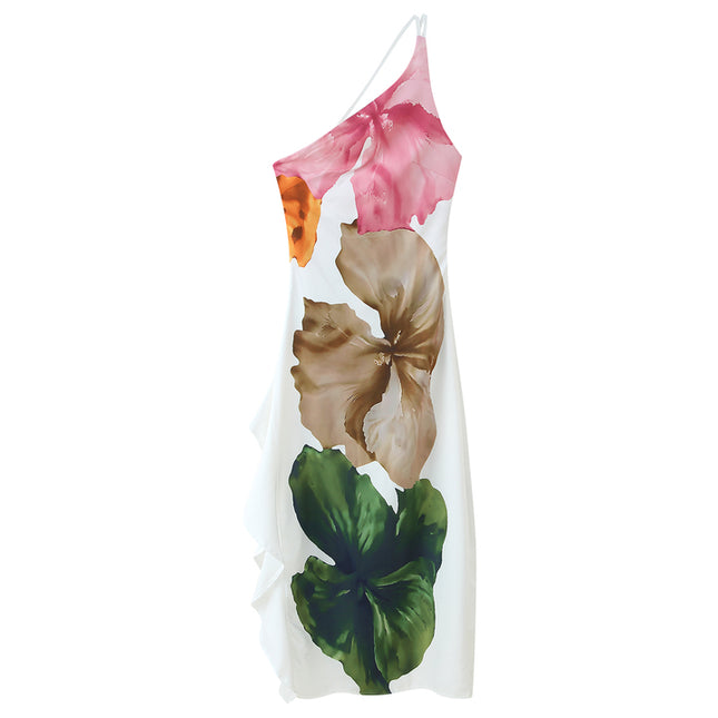Floral Print White Color Asymmetrical Design Casual Fashion Summer Long Dress for Women