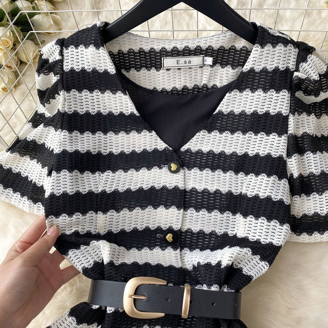 Vintage Style Striped Dress Women's Summer Hollow Single Breasted Design Sense of High Class Dress