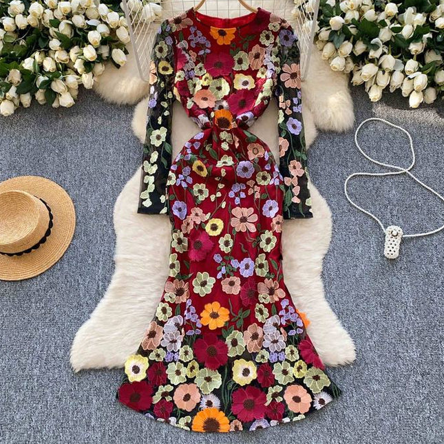 Women's Dress 2025 Spring Embroidery Waist Slim-Fit Dress