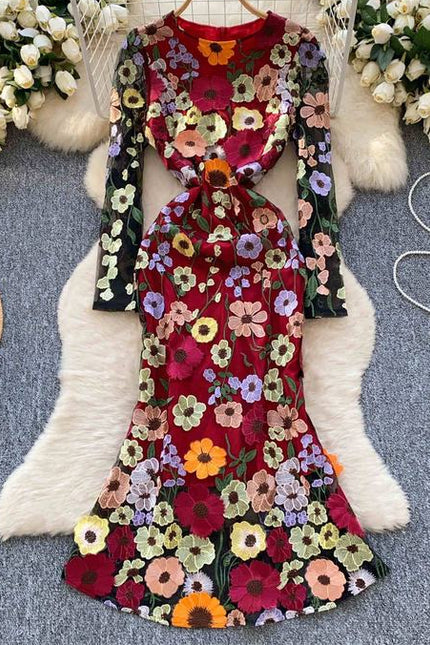Women's Dress 2025 Spring Embroidery Waist Slim-Fit Dress