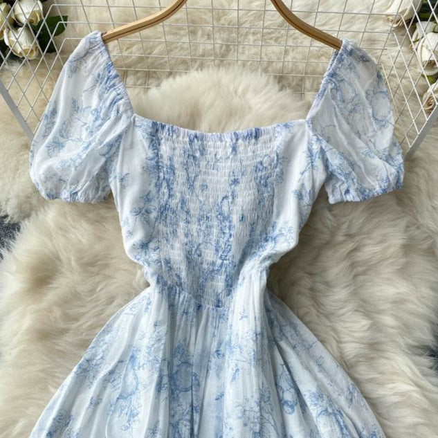 French Summer New Square Neck Waisted Short Sleeve Casual Floral Dresses