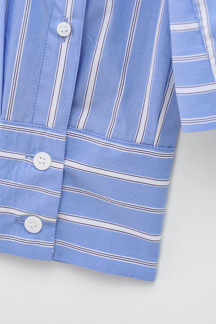 Turn Down Collar Striped Print Blue Color Long Sleeve Casual Fashion Tops Blouse for Women