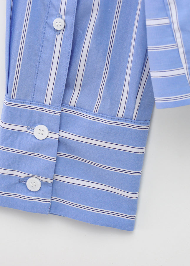 Turn Down Collar Striped Print Blue Color Long Sleeve Casual Fashion Tops Blouse for Women
