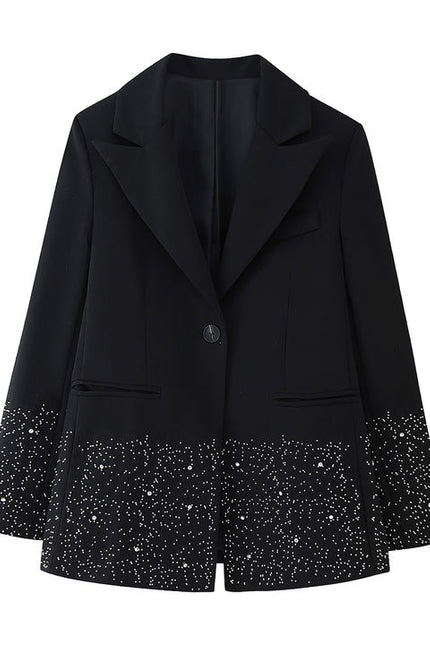Black Color Long Sleeve Notched Collar Beading Single Button Casual Fashion blazer Jacket for Women