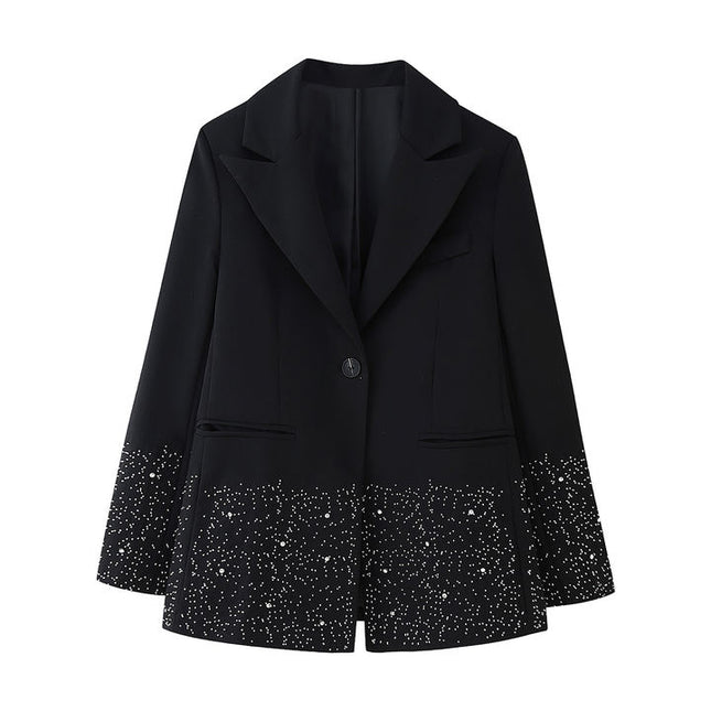 Black Color Long Sleeve Notched Collar Beading Single Button Casual Fashion blazer Jacket for Women