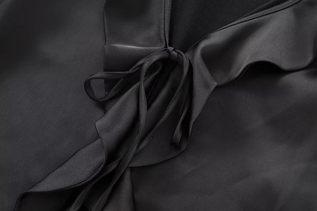 V Neck Black Color Long Sleeve Front Ruffle Casual Fashion Modest Blouse for Women