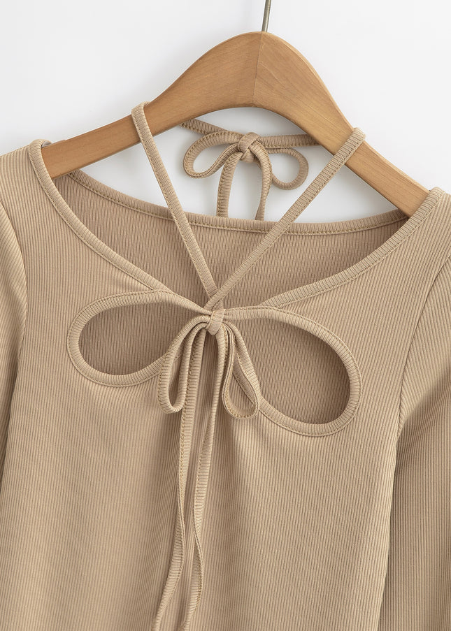 4 Colorway Front Hollow Out Long Sleeve Crew Neck Knitted Casual Fashion Women t Shirt
