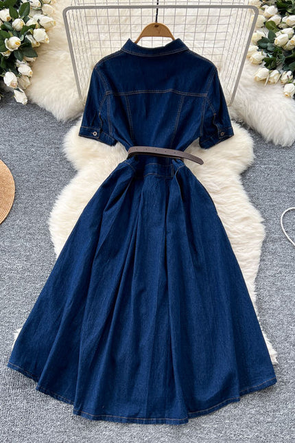 French Vintage Short Sleeve Single Breasted Denim Dresses